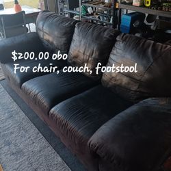 Suede Set Couch, Chair, Footstool
