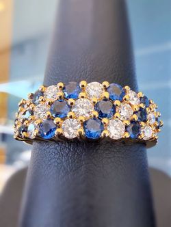 18k yellow gold Pave 1CTW Natural Diamond & 1CTW Sapphire 3 row anniversary band ring sz8