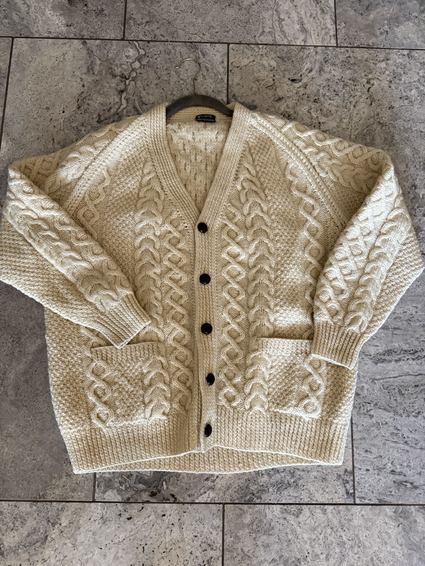 Vintage Hallim Handweavers Cable knit Fisherman Grandpa Cream Wool Sweater Cardi