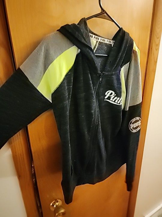 Victorias Secret PINK XS Sweatshirt Hoodie Gray Full Zip Spell Out Heathered