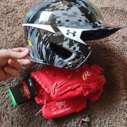 Rawlings Red Baseball Lefty Glove & Under Armour Batting Helmet Youth 6 3/4 