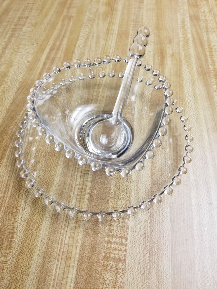 Vintage Imperial Clear Glass Candlewick Pattern Heart Bowl/Underplate & Serving Spoon