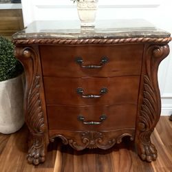Vintage Marble Top Nightstand 3 Drawer Solid Wood End Table