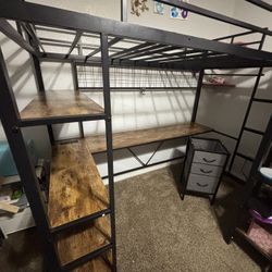 twin loft bed with outlet and storage drawers and desk 