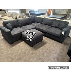 Black Corduroy Sectional Sofa With Ottoman 