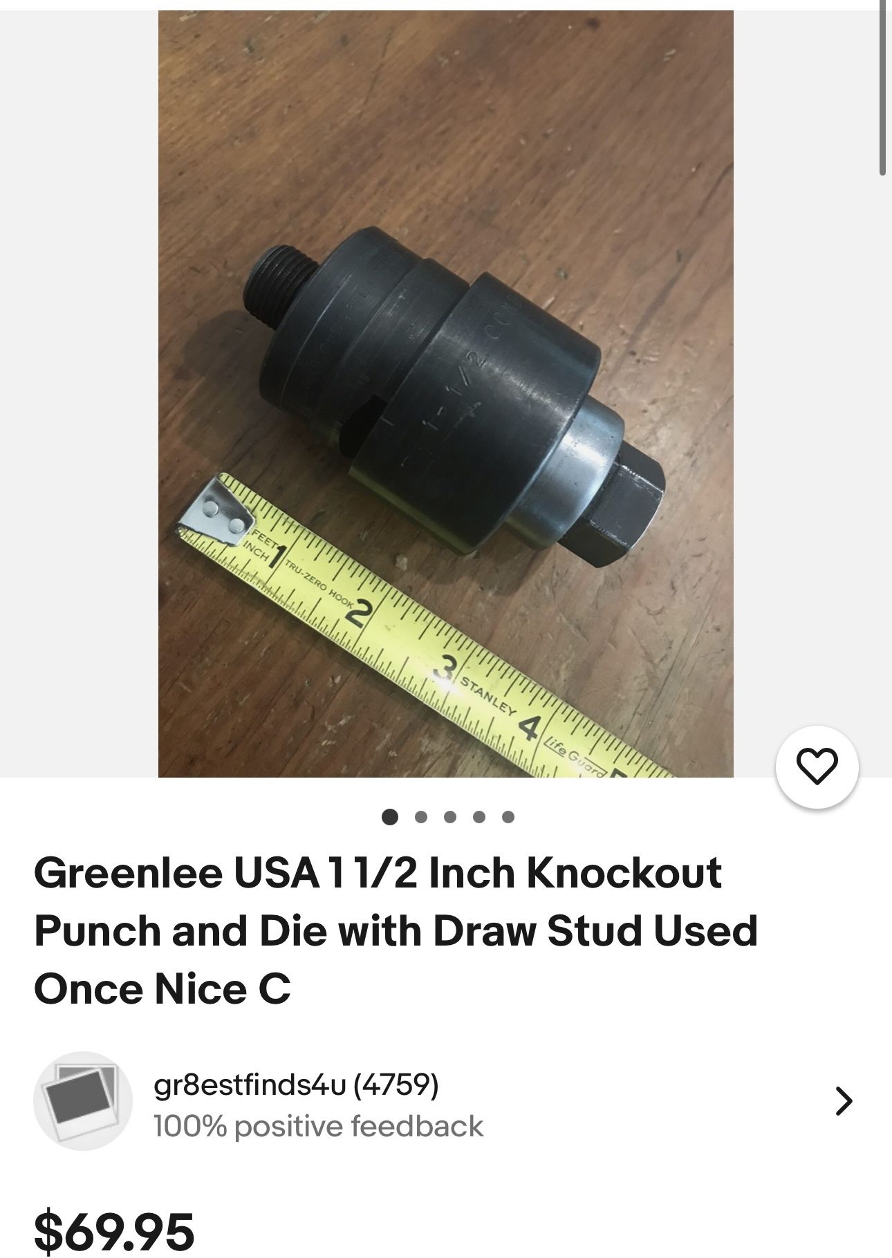 Greenlee USA 1 1/2 Inch Knockout Punch and Die with Draw Stud Used Once Nice C