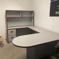 U-Shaped Peninsula Office Desk with Hutch and Lateral File Cabinet. 