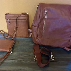 New 3 Piece Set. Backpack Purse, Crossbody Purse, Wristlet Wallet
