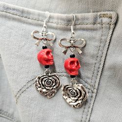 Handmade Red Skull Bow and Heart Rose Long Dangle Earrings
