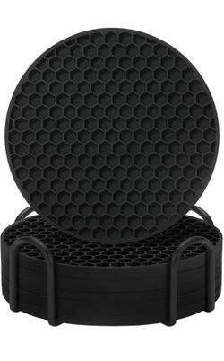 Black Silicone Drink Coasters Set with Holder (6 Pieces)