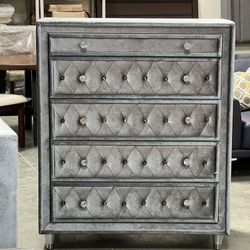 !!!New!! Beautiful 5-Drawer Chest, Upholstered Chest In Grey, Jeweled Knobs Chest, Matching Dresser And Nightstands Available 