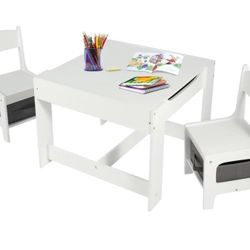 Wood Table and 2 Chairs Set, 3 in 1 Kids Table 