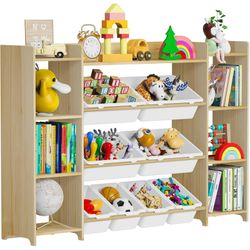 Kids Toy Organizer with Bookshelf, 4-Tier W/8 Removable Storage Bins, Solid Wood Bookshelf and Toy Storage for Study Room, Kids Room, Classroom