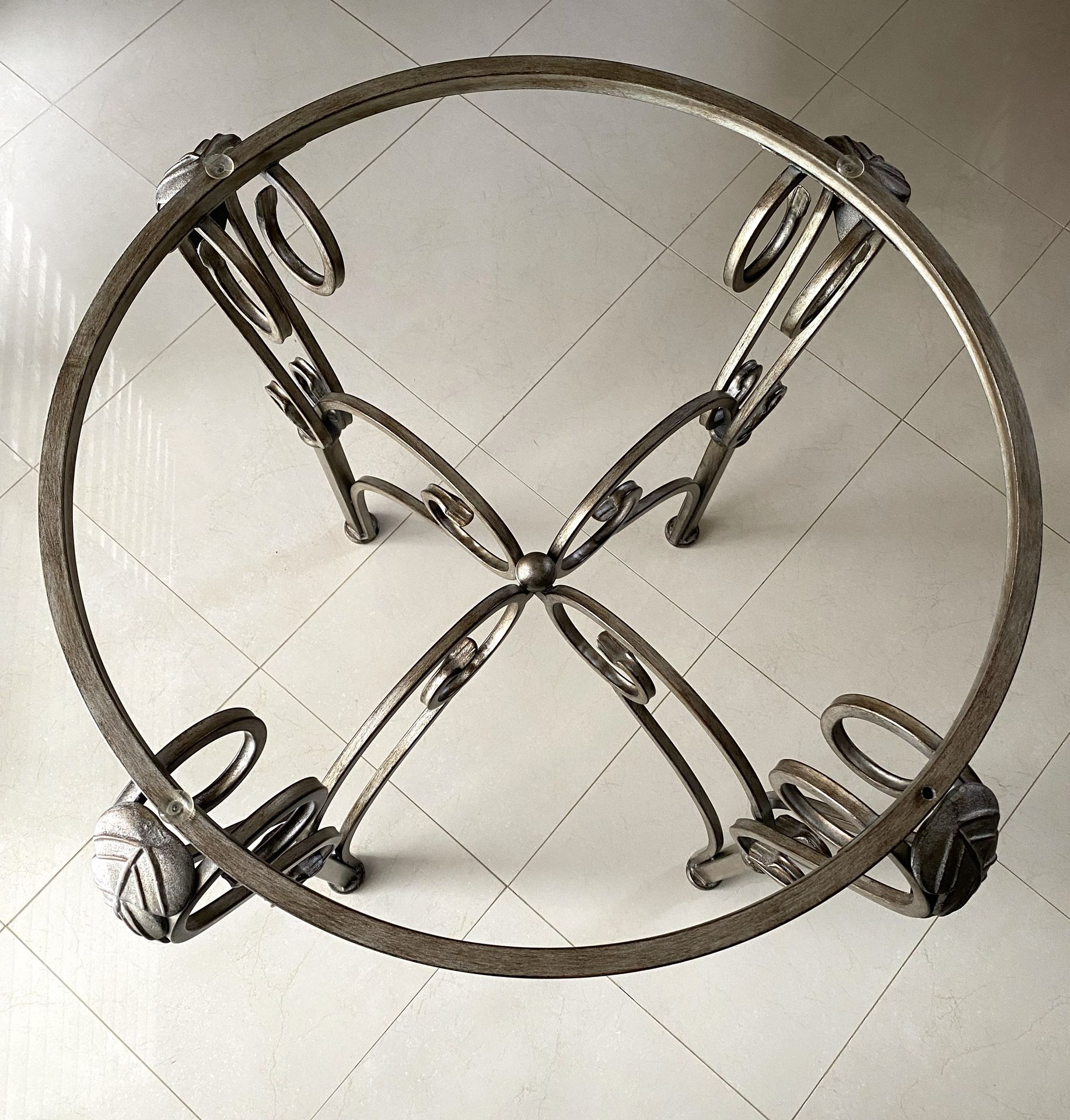 TABLE BASE – 27-3/8” ROUND METAL WROUGHT IRON DESIGNER TABLE BASE DININGROOM / BREAKFAST ROOM TABLE BASE – JUST TABLE BASE - NO GLASS OR CHAIRS INCLUD