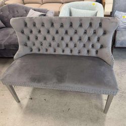 Gray Dining Bench with Back ,Upholstered Velvet Tufted 2-Seat,Handmade Buttons