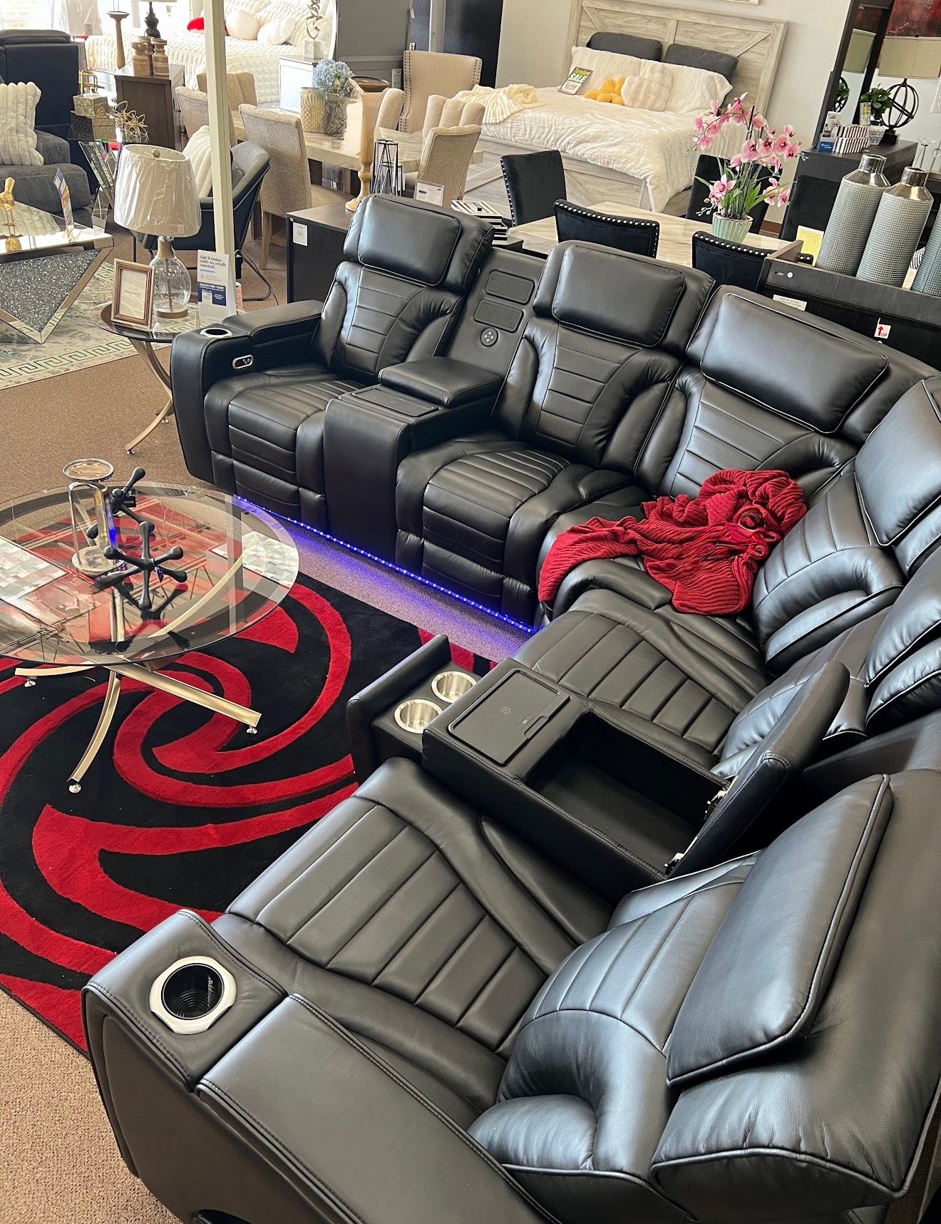 Leather Sofa Recliners With Phone Charging System, Cupholders And Floor Lights