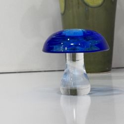 Vintage Pilgrim Mushroom Figure Fungi Mid Century Modern Blue Clear Blown Art Glass