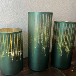 Green Holiday Hurricane Candles w/ Twinkle Lights
