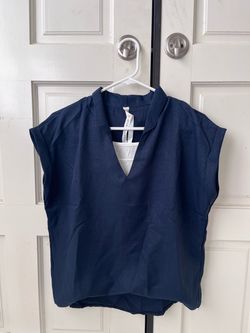 Women's Navy Blue Sleeveless Blouse – Collared V-Neck, Loose Fit, New with Tags