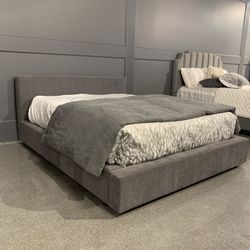 Low Profile Platform Bed Frame In Grey Fabric | No Box Spring Needed