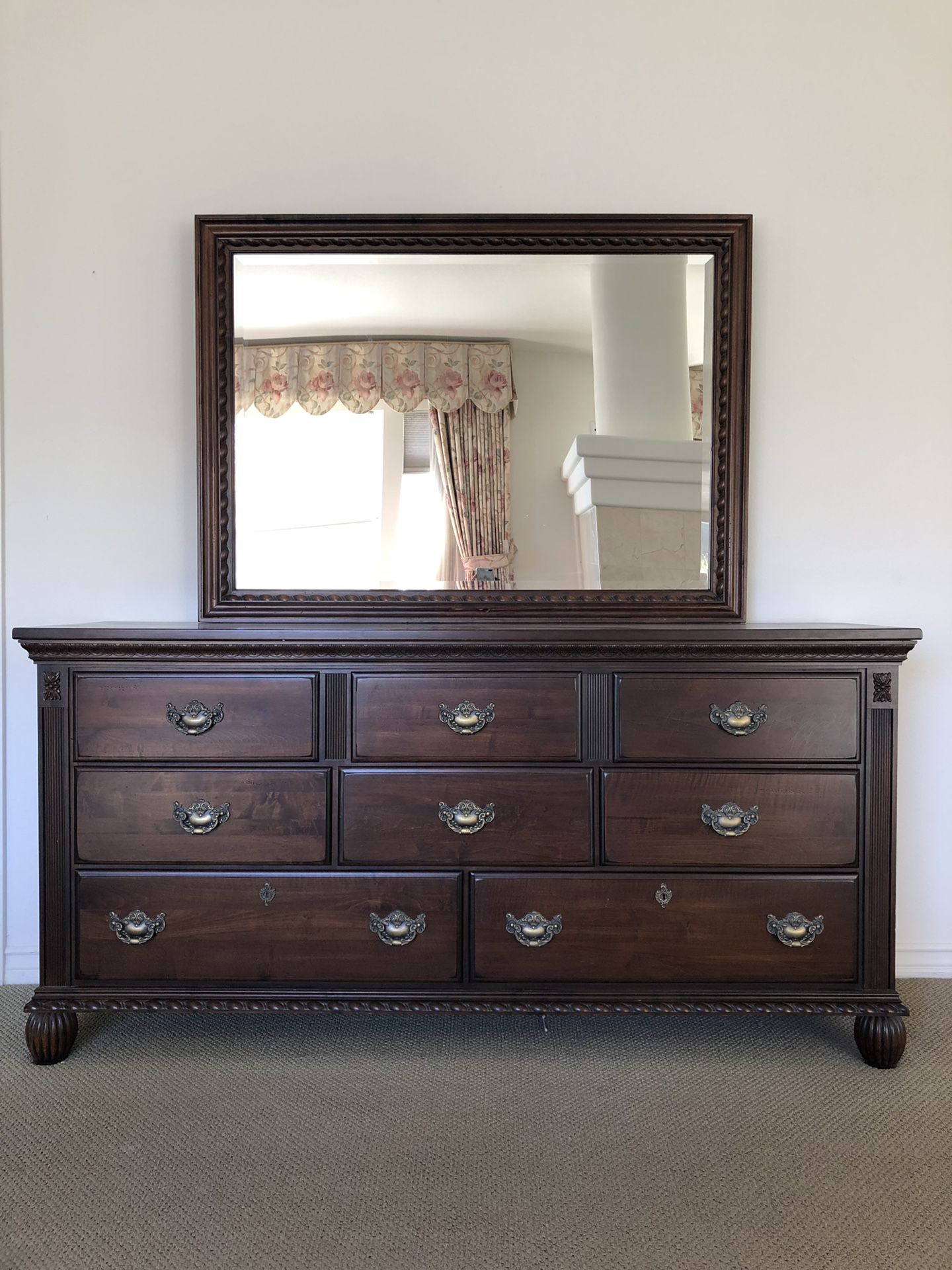 Antique Dark Cherry Wood Dresser With, Antique Cherry Wood Dresser With Mirror