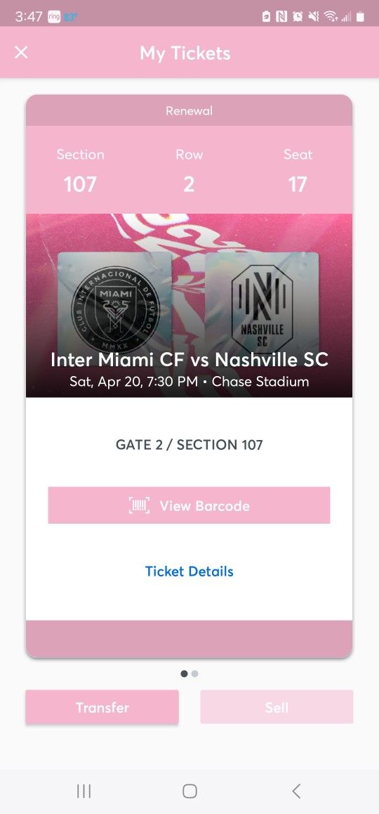 Inter Miami CF 2 Tickets Row 2 4/20 7:30