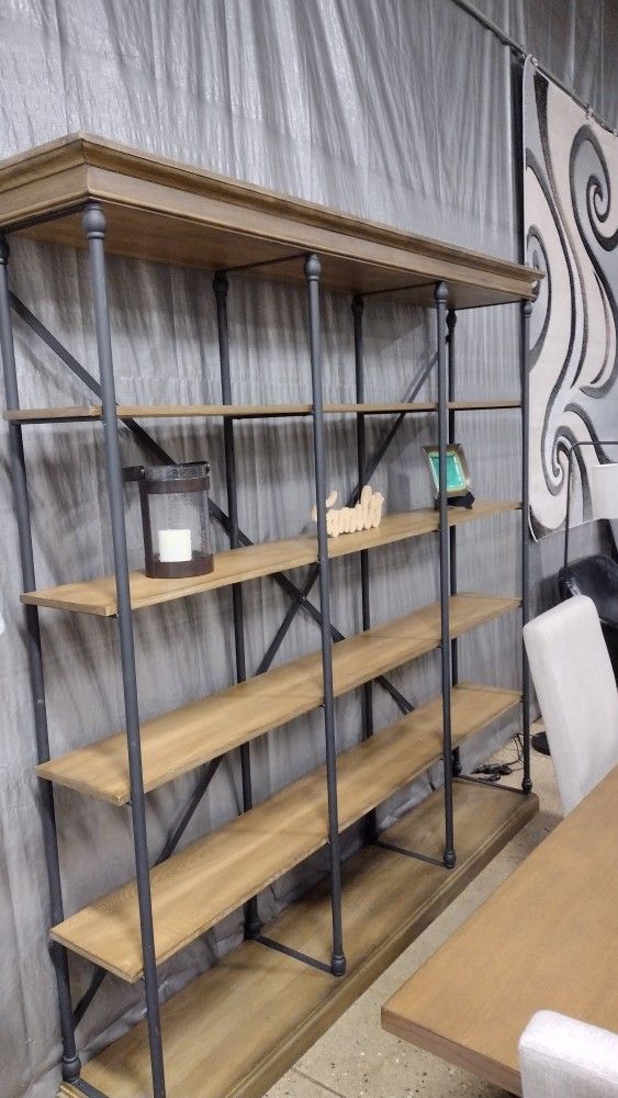 Brown Wood 5 Shelf Triple Bookcase, (New)Q