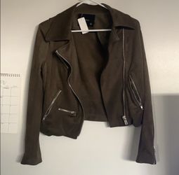 olivaceous olive moto zip faux suede jacket