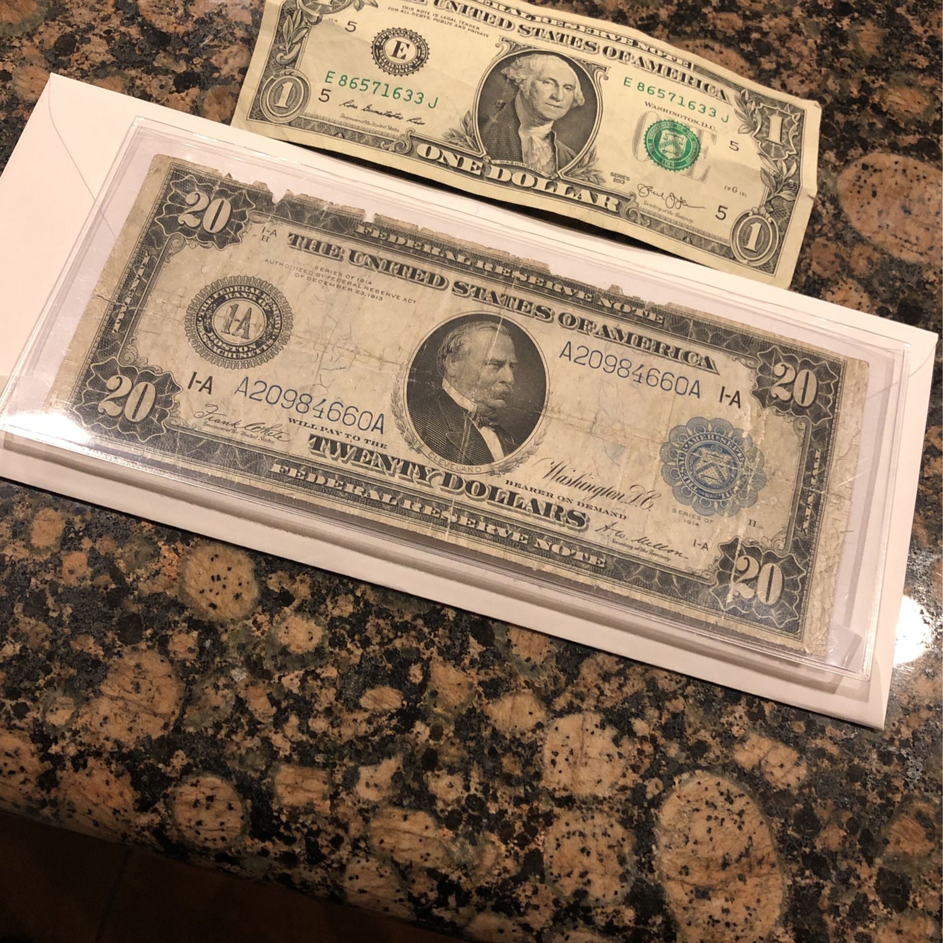 Vintage 1914 $20 Bill - Large Sized