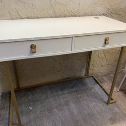 Modern White & Gold Wood & Metal 2 Drawer Desk Makeup Vanity- Delivery for a Fee - See My Items 😃