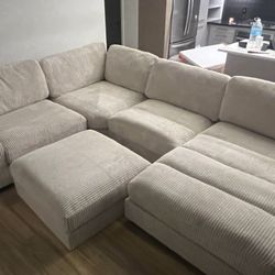 New 5 Piece Corduroy Fabric Sectional.  Off White / Beige.  90”x127”x66”.  Free Delivery!