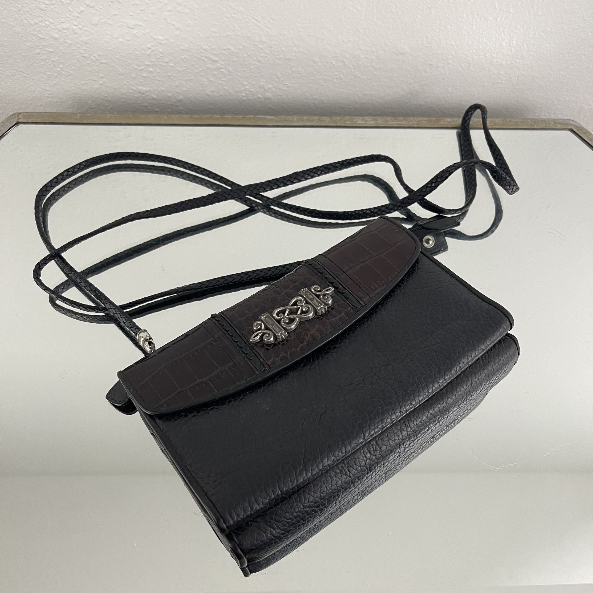 BRIGHTON Brown Black Leather Crocodile Embossed Wallet Crossbody Bag Purse