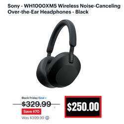 Sony - Wireless Noise-Canceling Over-the-Ear  Headphones - Black  (WH1000XM5)