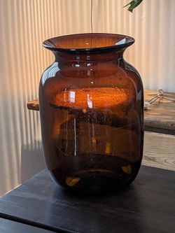 Vintage Hand Blown Amber Glass Oversized Vase 9x12.5 Seeded Bubble Floor Vessel