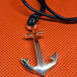 Leather & Stainless Anchor Pendant Necklace Adjustable