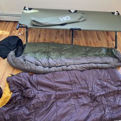 HQ issue Military Camping Cot, Alps Sleeping Bag, Reg. Sleeping Bag. 