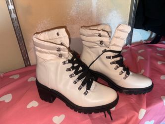 Cream Lace-Up Heeled Combat Boots