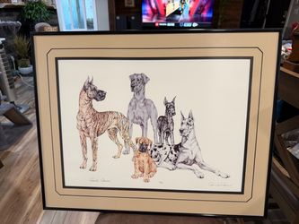 Pamela Powers Print, signed Framed Great Dane group Brittany RARE #166/300