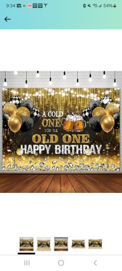 AIBIIN 7x5ft Happy Birthday Backdrop for Men A Cold One for The Old One Black and Gold Glitter Balloon Photography Background 30th 40th 50th Bday Beer