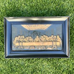 Vintage framed 3D “copper” metal Last Supper with Jesus artwork