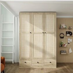 3-Door Wardrobe with Rattan Panels and Drawers