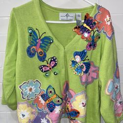 Vintage Philip & Jane Gordon whimsical sequined beaded butterfly floral Sweatee