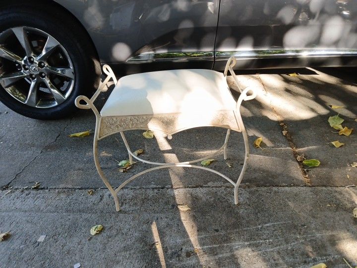 Vintage Wrought Iron Bench Vanity Stool Side Seat Upholstered 