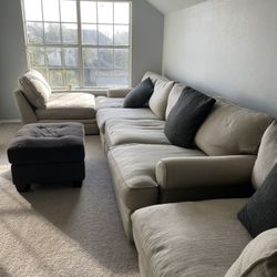 LIKE NEW 3 Piece Beige Goose Down Sectional Couch Ottoman