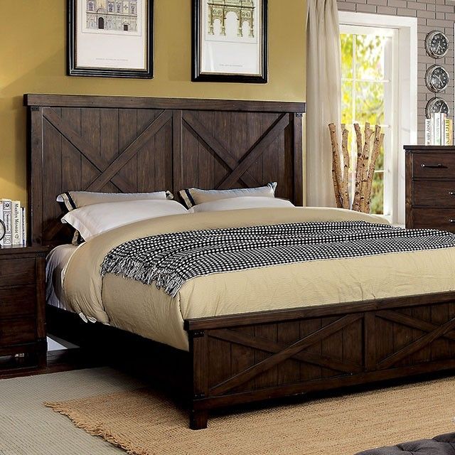 Brand New Rustic Dark Walnut Plank Style Queen Size Bed Frame