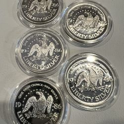 5x 1 Oz Fine Silver Rounds Liberty Silver Vintage 1986
