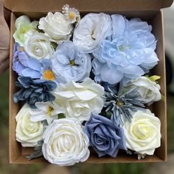 Box of Artificial Flowers White and Blue Roses & Peonies 