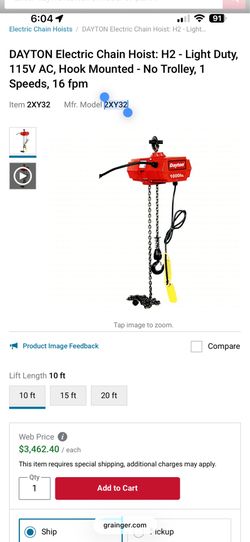 DAYTON Electric Chain Hoist: H2 - Light Duty, 115V AC, Hook Mounted - No Trolley, 1 Speeds, 16 fpm