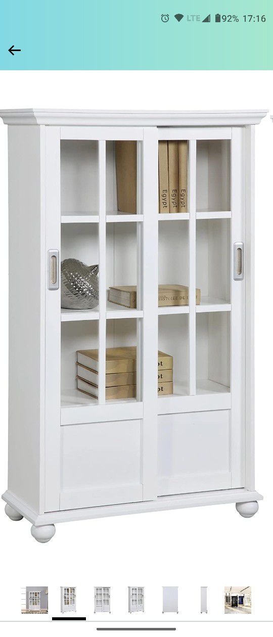 White, Compact Bookcase With Sliding Doors 