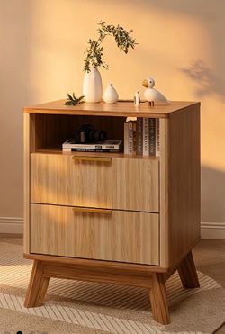 Modern Fluted Bedside Table with Charging Station – Curved Side Table, 2 Drawers, Multi-Functional Bedside Table for Bedroom or Living Room – deep bla